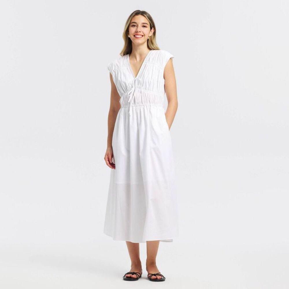 Women's Ruched Midi A-Line Dress - A New Day White L